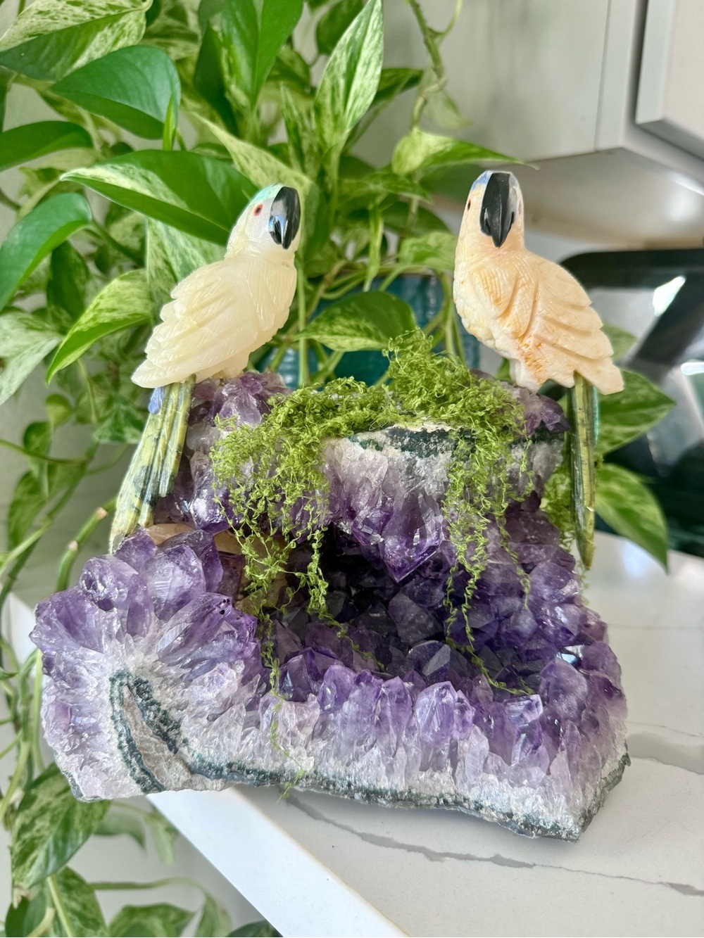 Decorative Parrot Figurine Pair on Purple Amethyst Geode - Cream & Green